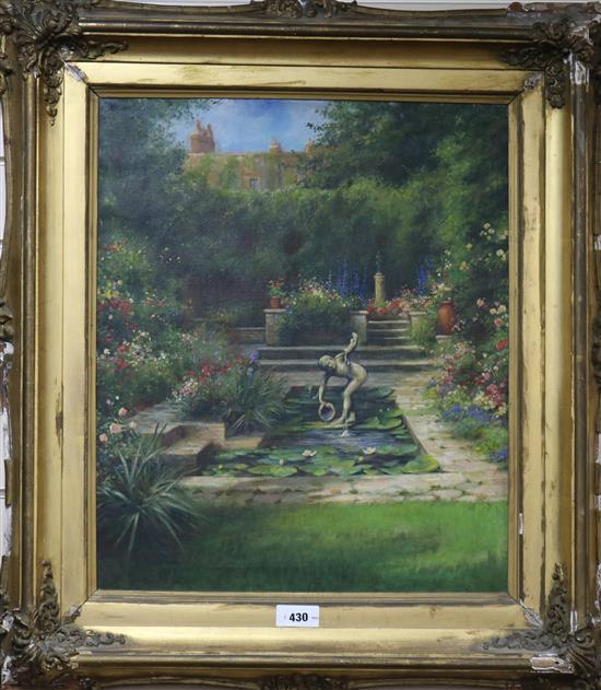 Leonard Carr Cox (fl. 1900-1909), oil on canvas, lily pond in a garden, signed, 60 x 50cm